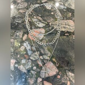 Silver Layered Necklace with Cross Pendant